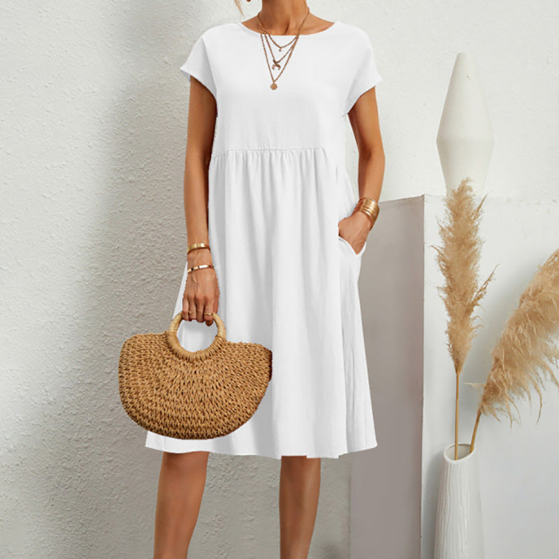 Fashion Ol Quality Women's Solid Color Cotton Linen Round Neck Set A-Line Skirt Dress