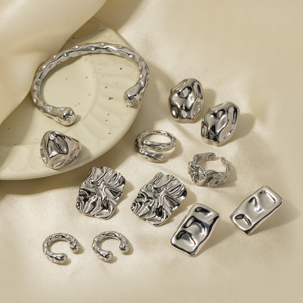 5pcs 18K Gold Plated Stainless Steel Irregular Hammer Stud Earrings Women's Fashion Timeless Earrings