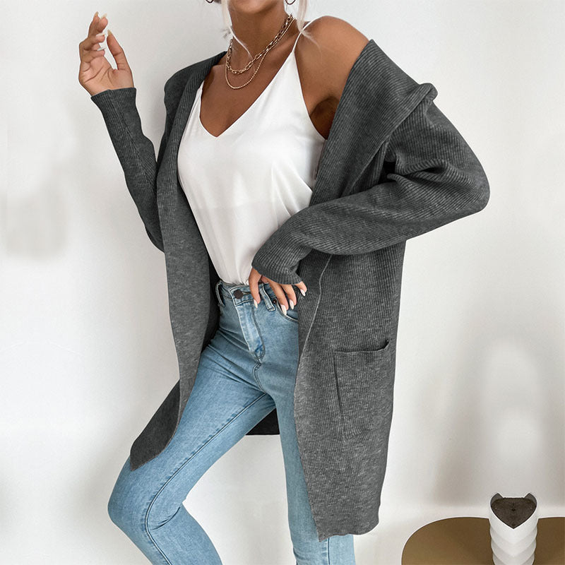 Autumn and Winter Women's Hooded Knitted Sweater Cardigan Coat