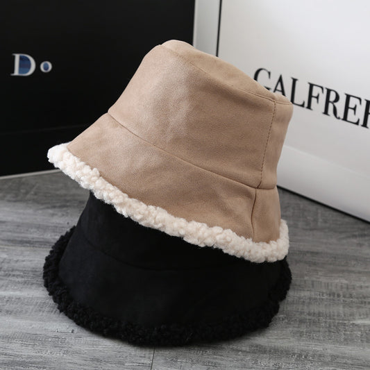 Double-Sided Hat Women's Japanese Lamb Hair Fisherman Hat Winter With Fluffy Deerskin Basin Hat Bucket Hat