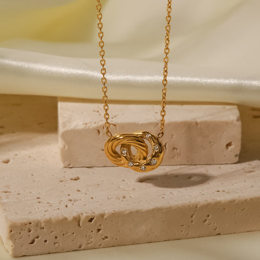 5pcs 18K Gold-Plated Stainless Steel Double Ring Inlaid White Diamond Pendant Necklace Women's Fashion All-Match Titanium Steel Necklace Jewelry