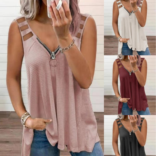 New Sexy V-Neck Zip-Up Sleeveless Vest Solid Color T-Shirt Woman