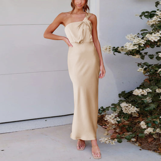 New Acetic Women's Elegant One-Shoulder Satin Toasting Dress Bridesmaid Dress Slim Dress