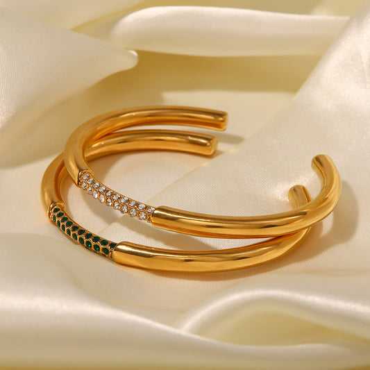 5pcs Design 18K Gold Stainless Steel Inlaid With Green Diamond Open Bracelet Vacuum Electroplating Fashion Hand Jewelry