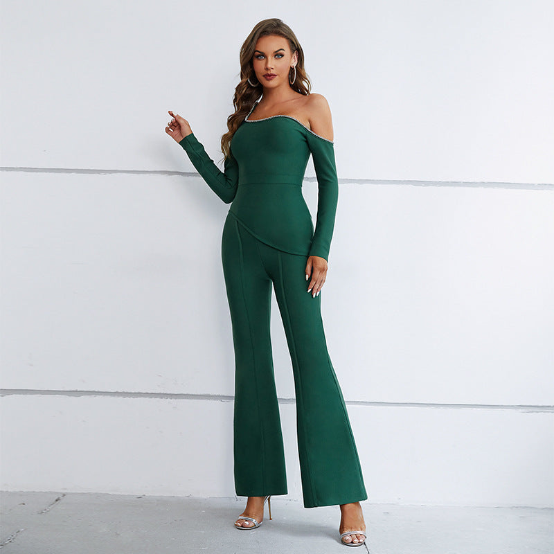 Autumn And Winter Women's New High-End Long-Sleeved Diamond-Encrusted Two-Piece Flare Trouser Suit