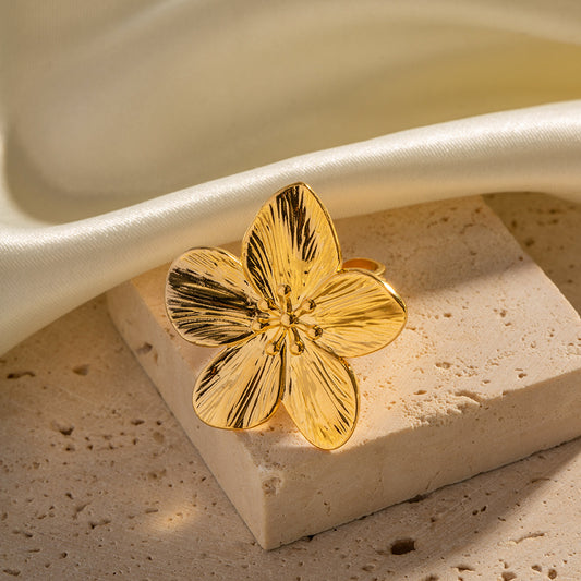 5pcs Palace Style Matte Vintage Gold Stainless Steel Flower Metal Open Ring Advanced Design Sense Ring