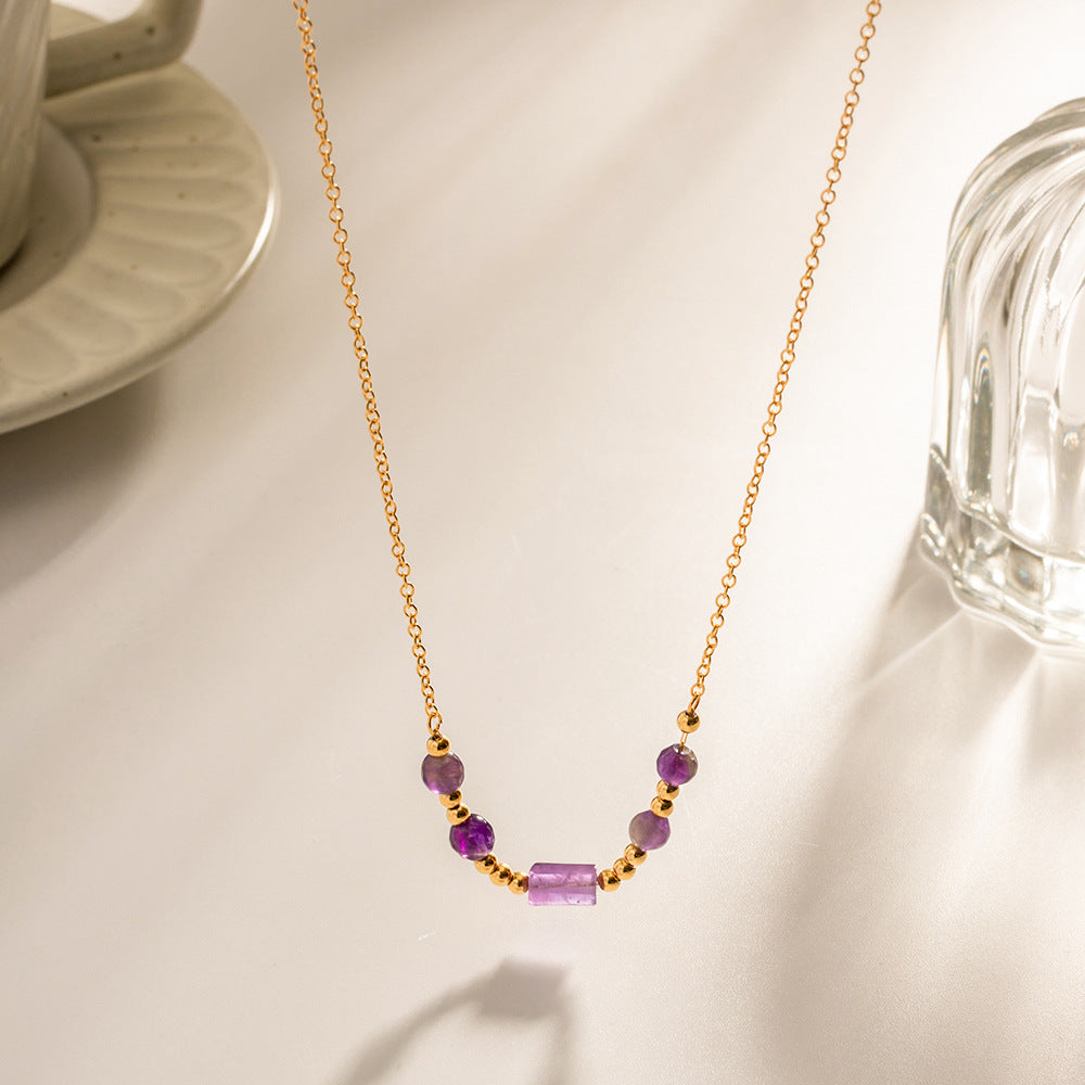 5pcs 18K Gold-Plated Stainless Steel Purple Stone Pendant Necklace With A Variety Of Niche Accessories Do Not Fade