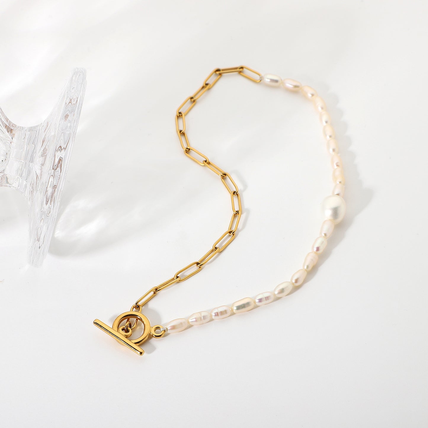 5pcs Stainless Steel Pearl Stitching Jewelry Set 18K Gold Plated Chain Ot Buckle Natural Light Pearl Necklace For Women