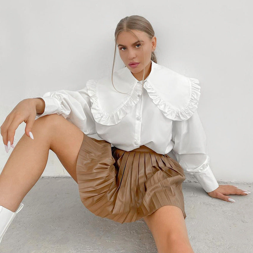 Temperament Court Style Doll Collar White Cotton Shirt Female Autumn And Winter Long Sleeve Shirt With Auric Edge