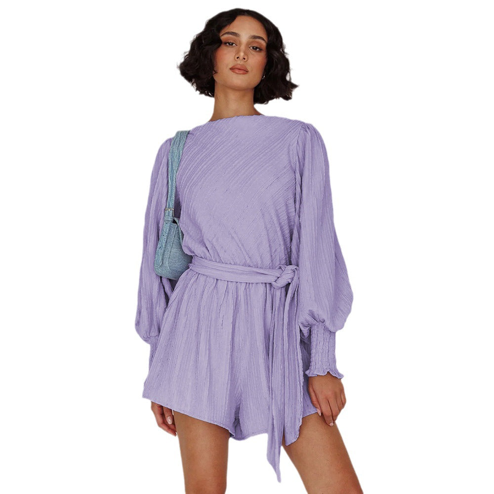 Women's Lace-Up Romper Autumn Lantern Sleeve Sexy Halter Long Sleeve Top Casual Wide Leg Pants