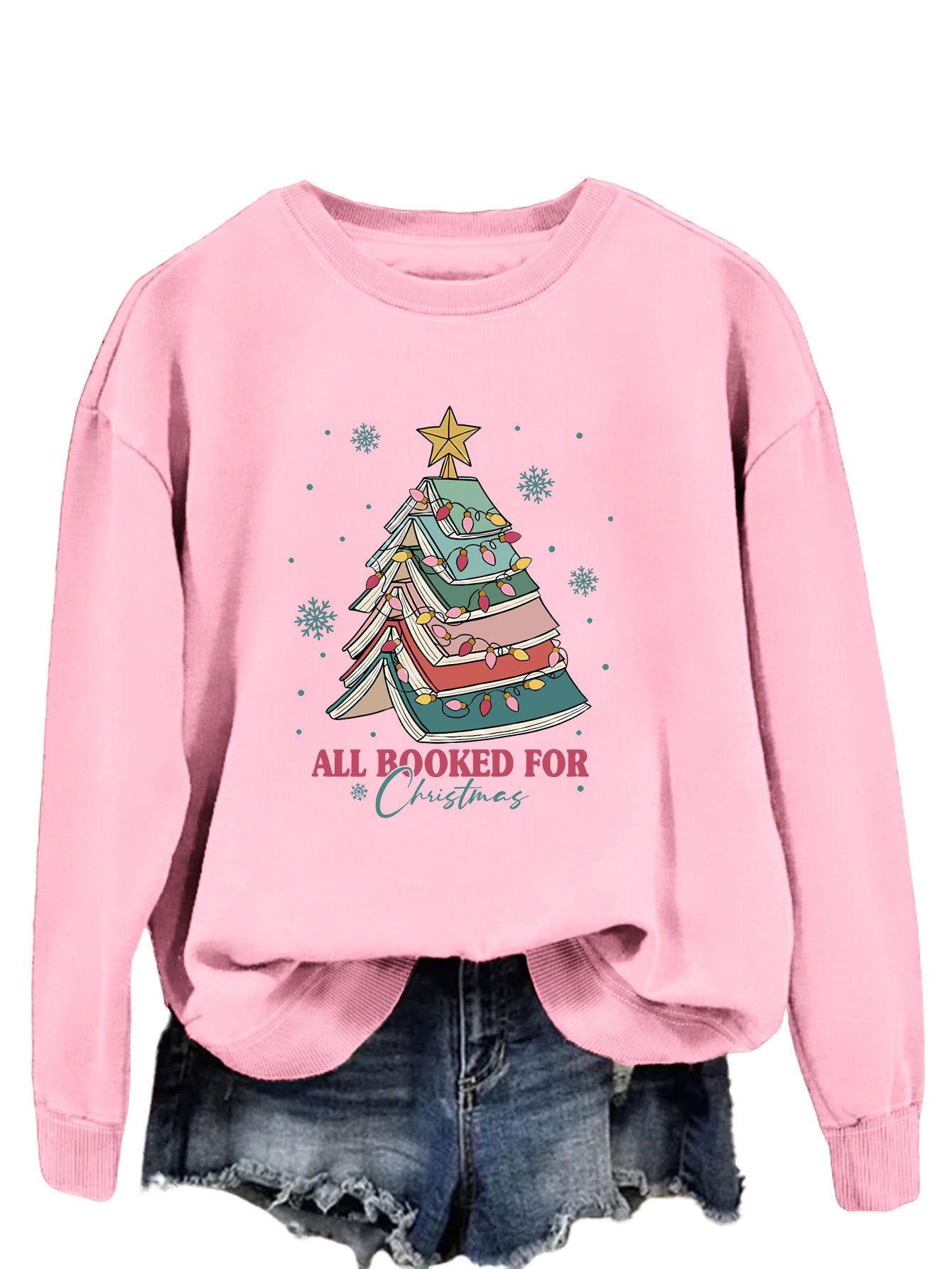 All Booked For Christmas Letters Fun Printed Casual Crew-Neck Hoodie