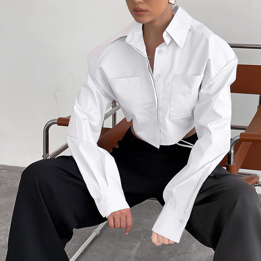 Fashion Women's Short Shirt Retro Padded Shoulder Top Long Sleeve New Spring White Shirt