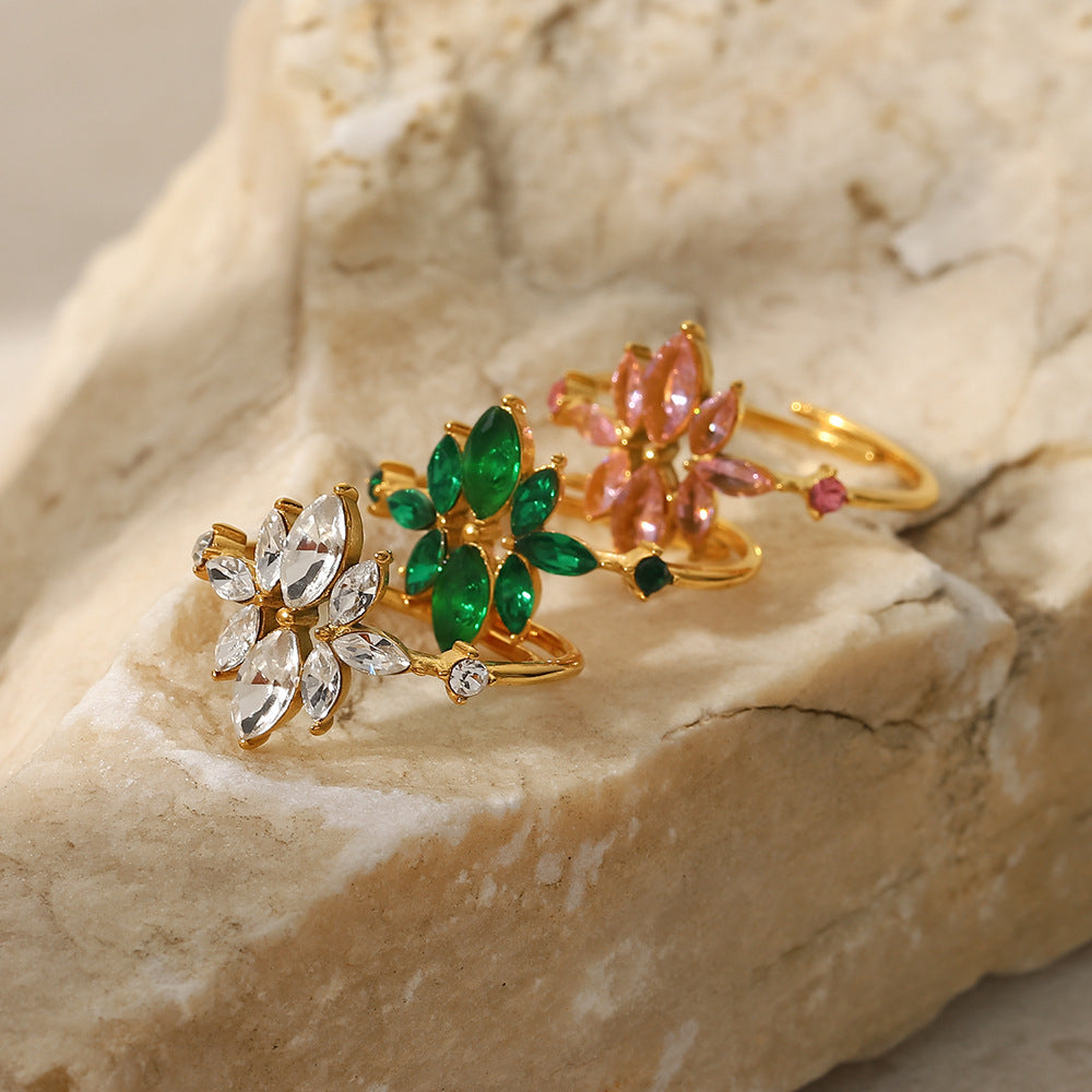 5pcs Ring 18K Gold Plated Thin Flower Zircon Ring Stainless Steel Green Zirconium Adjustable Ring Female