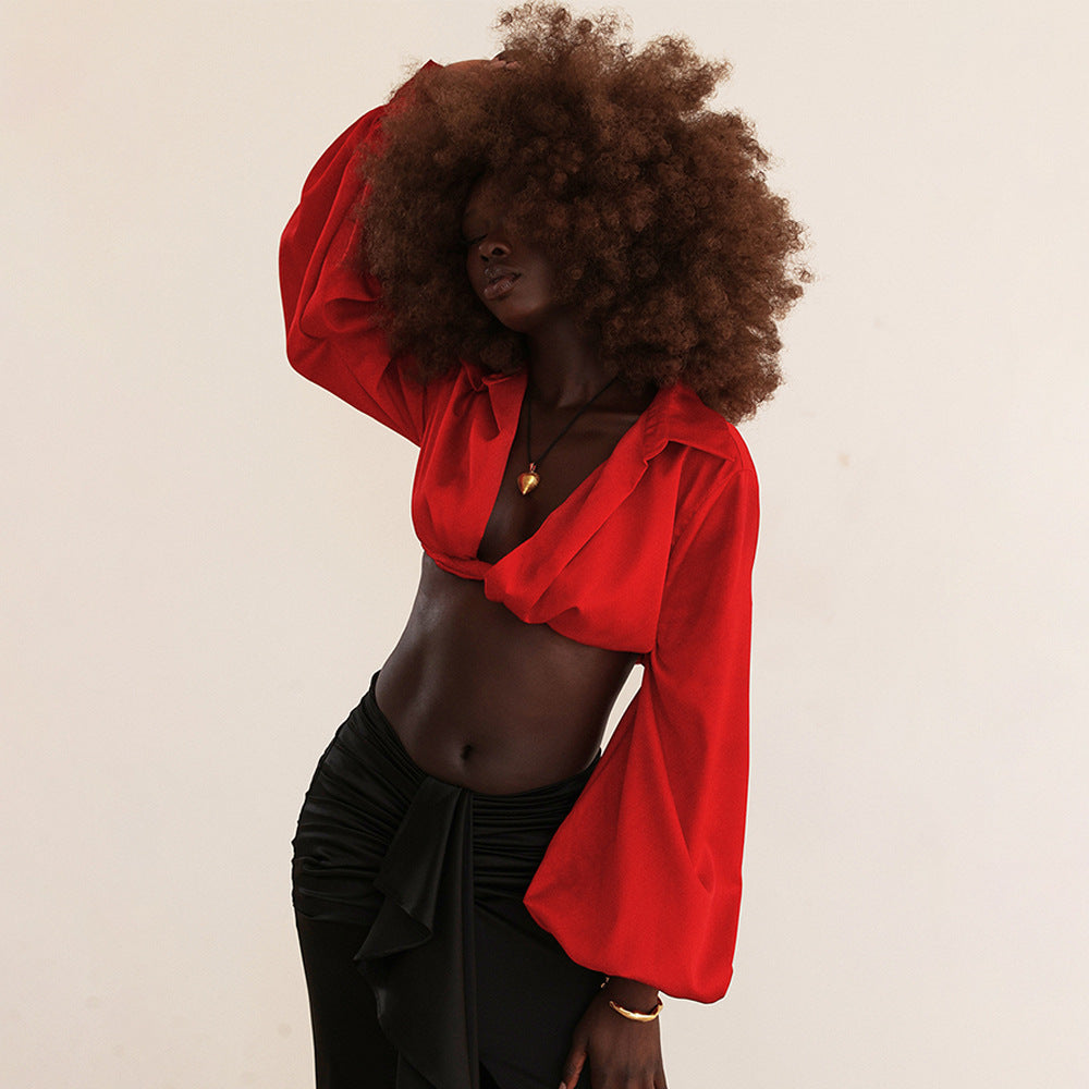 Fashion Women's Sexy Short Crop Shirt Female Lantern Long-Sleeved Loose Spice Girl Top Cardigan Female