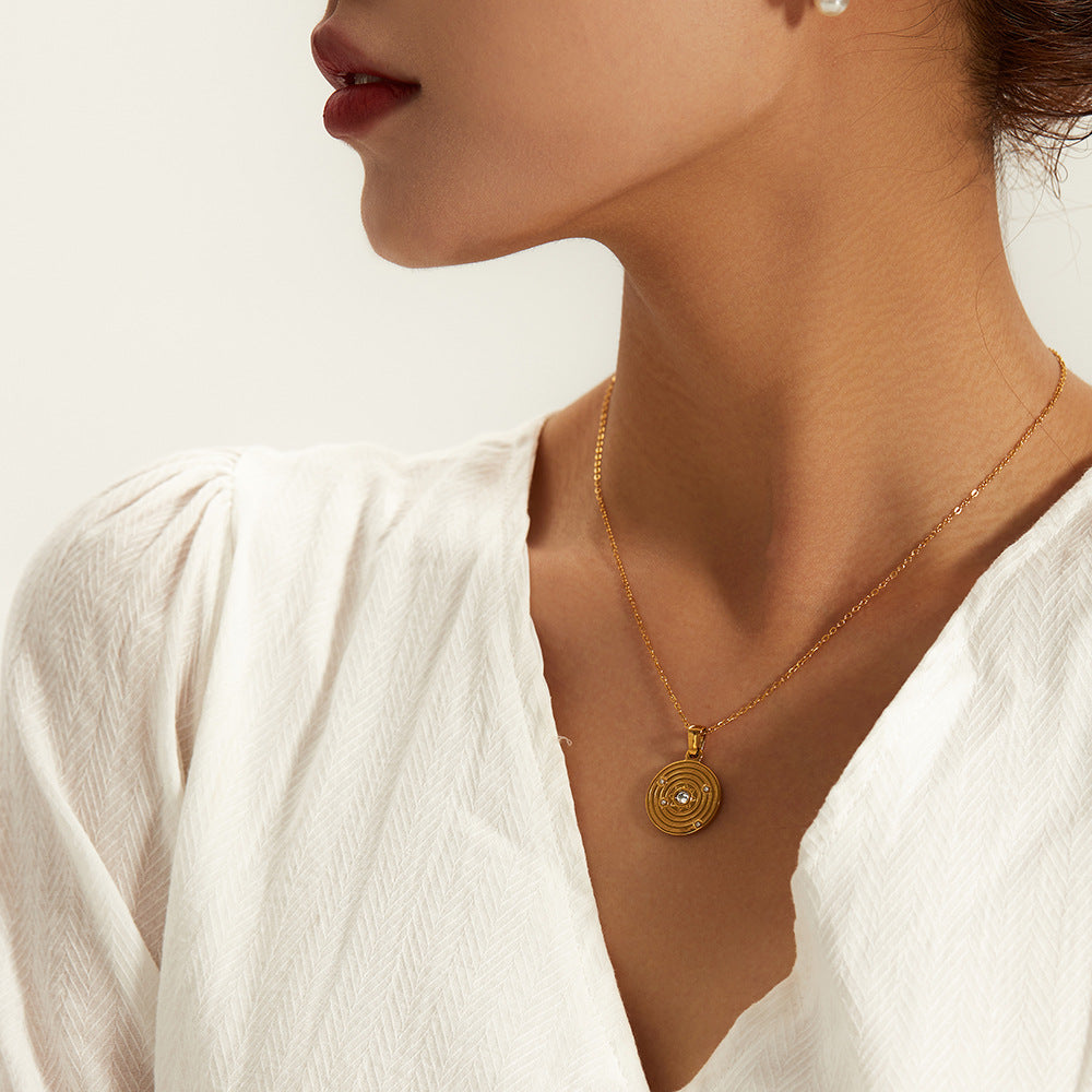 5pcs 18K Gold-Plated Stainless Steel Geometric Circular Zircon Pendant Necklace Titanium Steel Concentric Circle Pendant Necklace