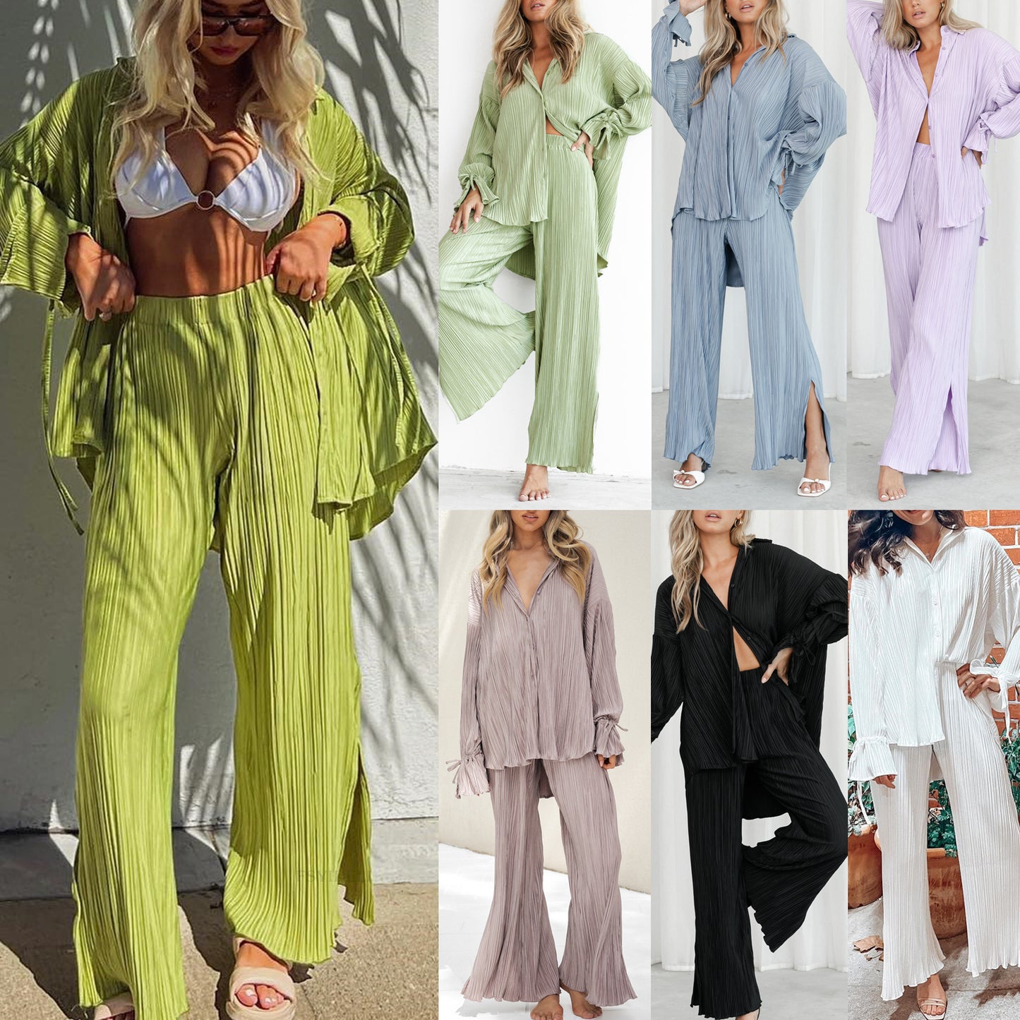 Women's Autumn New Fashion Set Pleated Shirt Long Sleeve Split Pajamas Two-Piece Set