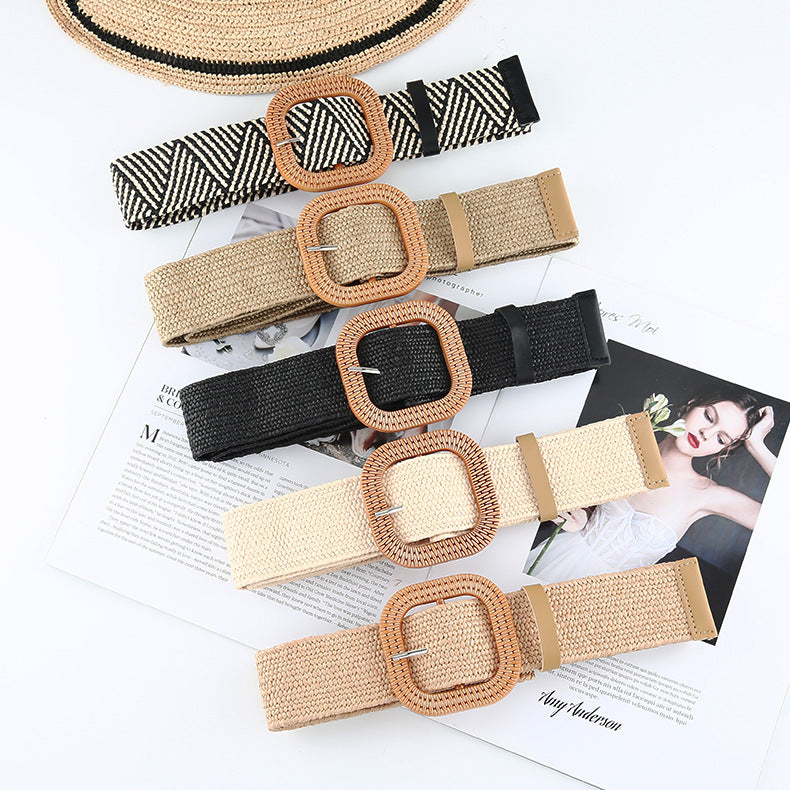 Cotton Hemp Wind Pp Grass Woven Belt For Women Round Square Buckle Dress Gown Decoration Belt