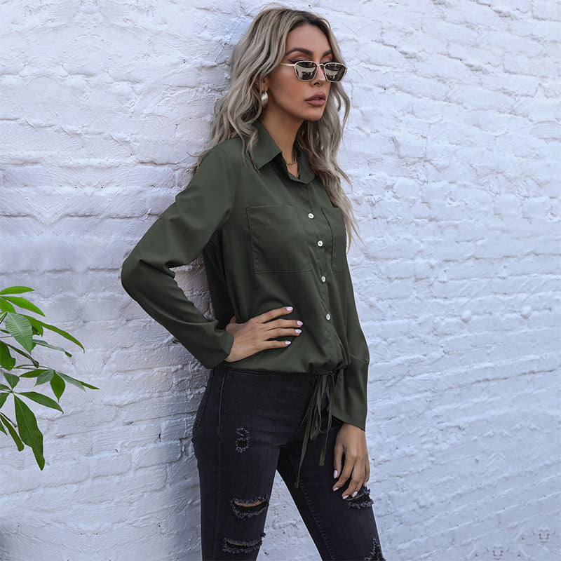 Design Shirt Lapel Drawstring Long Sleeve Solid Color Shirt