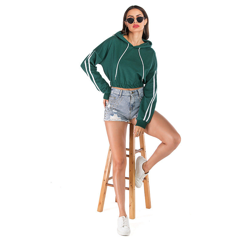 New Autumn Women's Sports Striped Green Short Long Sleeve Hooded Crop Hoodie Woman