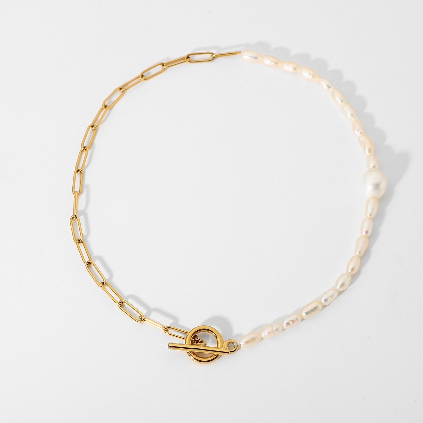 5pcs Stainless Steel Pearl Stitching Jewelry Set 18K Gold Plated Chain Ot Buckle Natural Light Pearl Necklace For Women