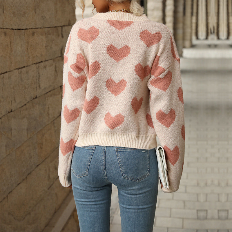 New Autumn And Winter Fashion Knitting Leisure Love Long-Sleeved Pink Sweater