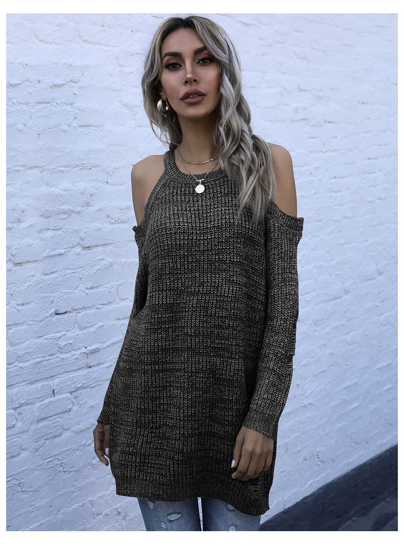 Autumn Slim Solid Color Crewneck Knitted Bottom Sweater Off-Shoulder Sweater Woman
