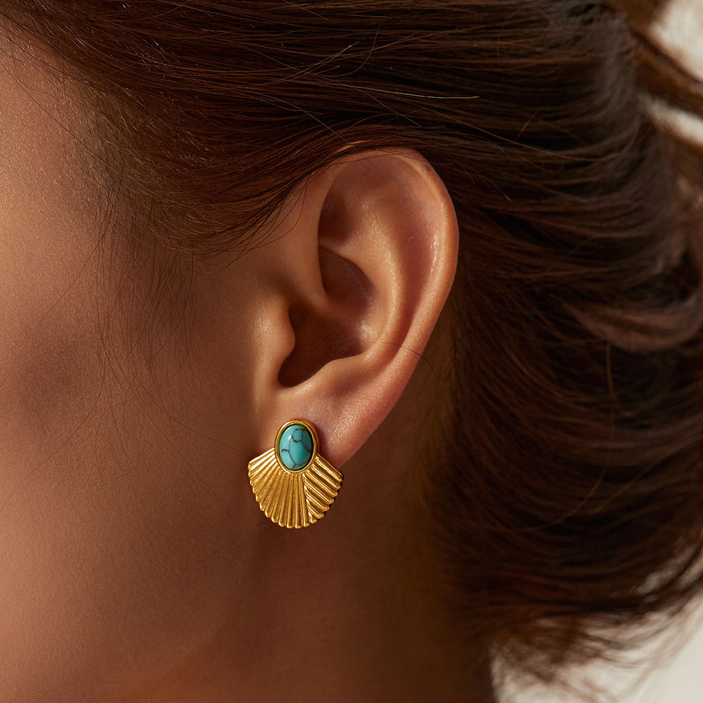 5pcs Vintage Stainless Steel 18K Gold Plated Turquoise Ribbed Scalloped Earrings For Women