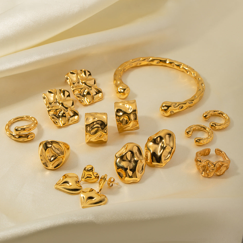 5pcs 18K Gold Plated Stainless Steel Irregular Hammer Stud Earrings Women's Fashion Timeless Earrings