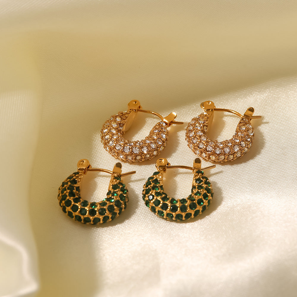 5pcs New Fashion Earrings 18K Gold Plated Stainless Steel Inlaid Green/White Square Zircon Ring Earrings