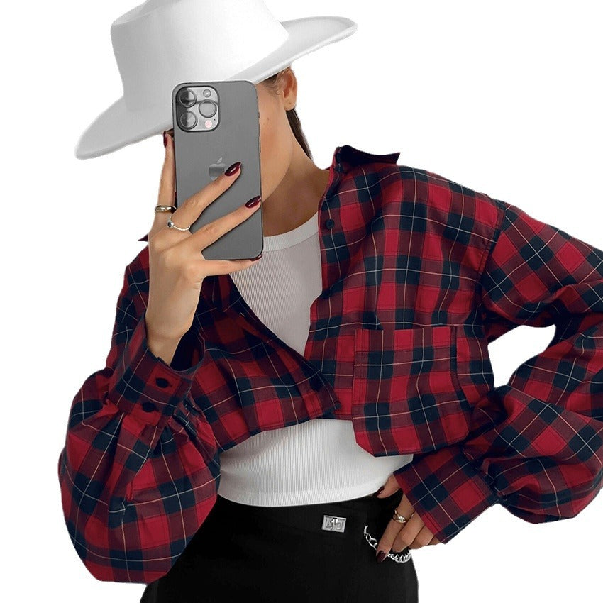 Retro Plaid Short Design Sense Long Sleeve Loose Shirt New Autumn Fashion Woman