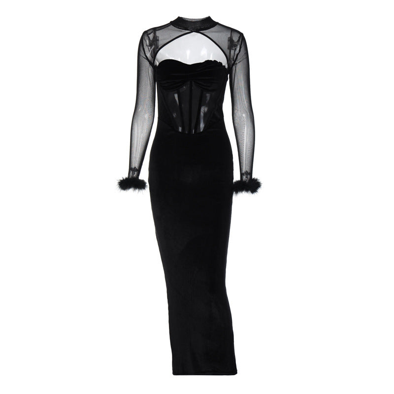 Autumn Women's New Plush Mesh Stitching Sexy Nightclub Hollow Long Dress Slim Dress