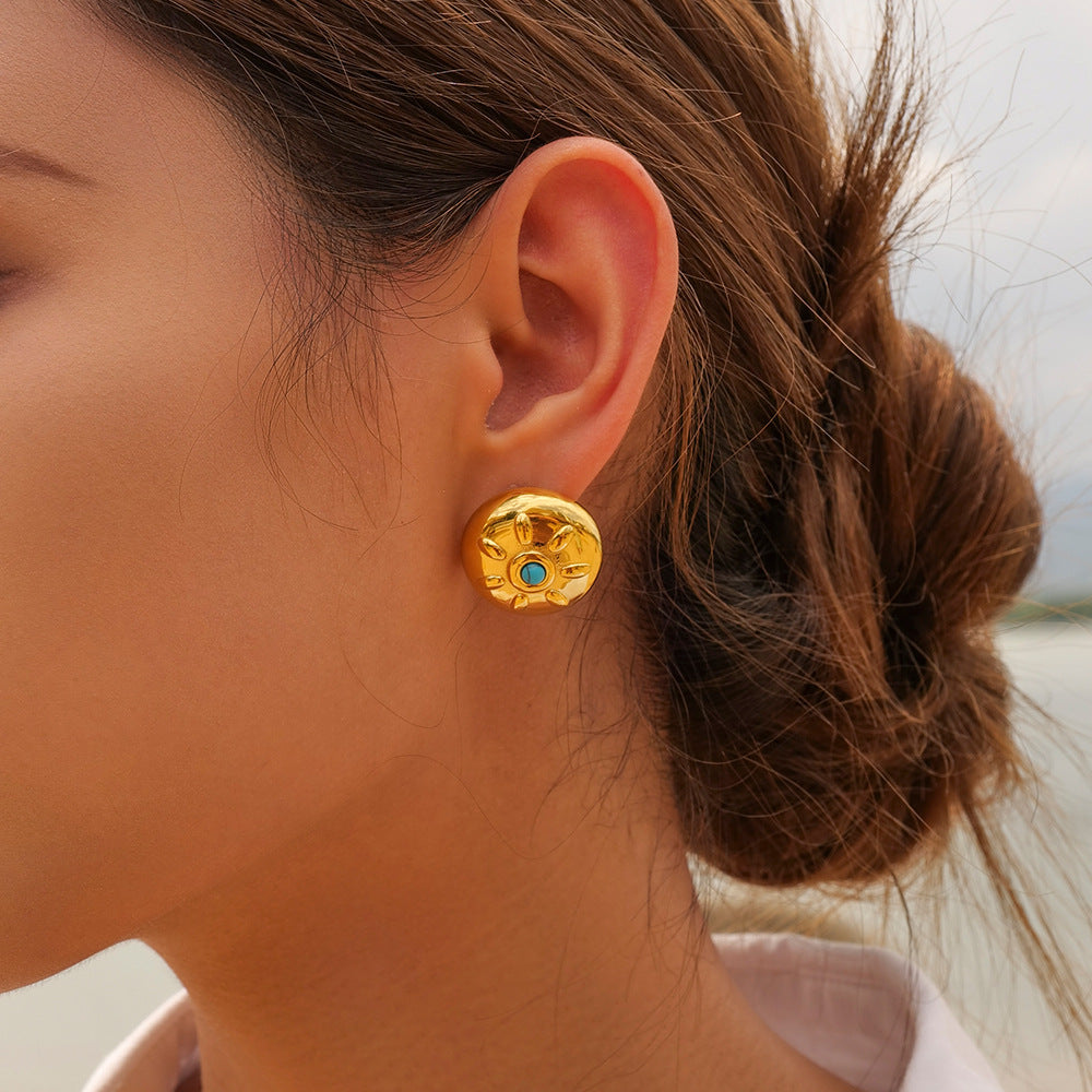 5pcs New Titanium Steel Gold-Plated Earrings Fashion 18-Karat Stainless Steel Inlaid With Turquoise Sun Round Pendant Earrings
