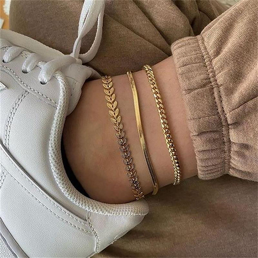 5pcs Vintage 18K Gold Cross Fine Anklet Women's Fashion Stainless Steel Anklet Jewelry