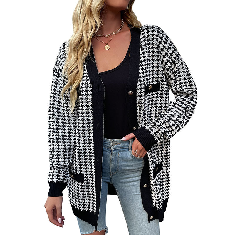 New Autumn And Winter Women's Long-Sleeved Thousand Birds Check Sweater Coat