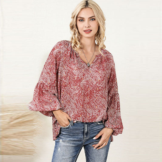 Autumn New Thin V-Neck Abstract Printed Chiffon Shirt Women Casual All-Match Long-Sleeved Pullover Woman