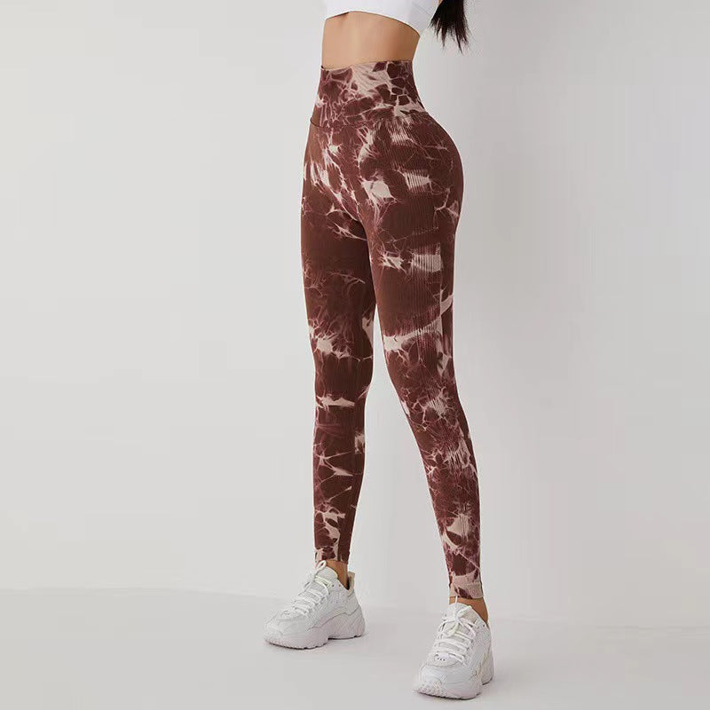 New Seamless Tie Bleached Peach Butt Yoga Pants High Waist Belly Belly Fitness Pants Women Tie Dye Running Tight