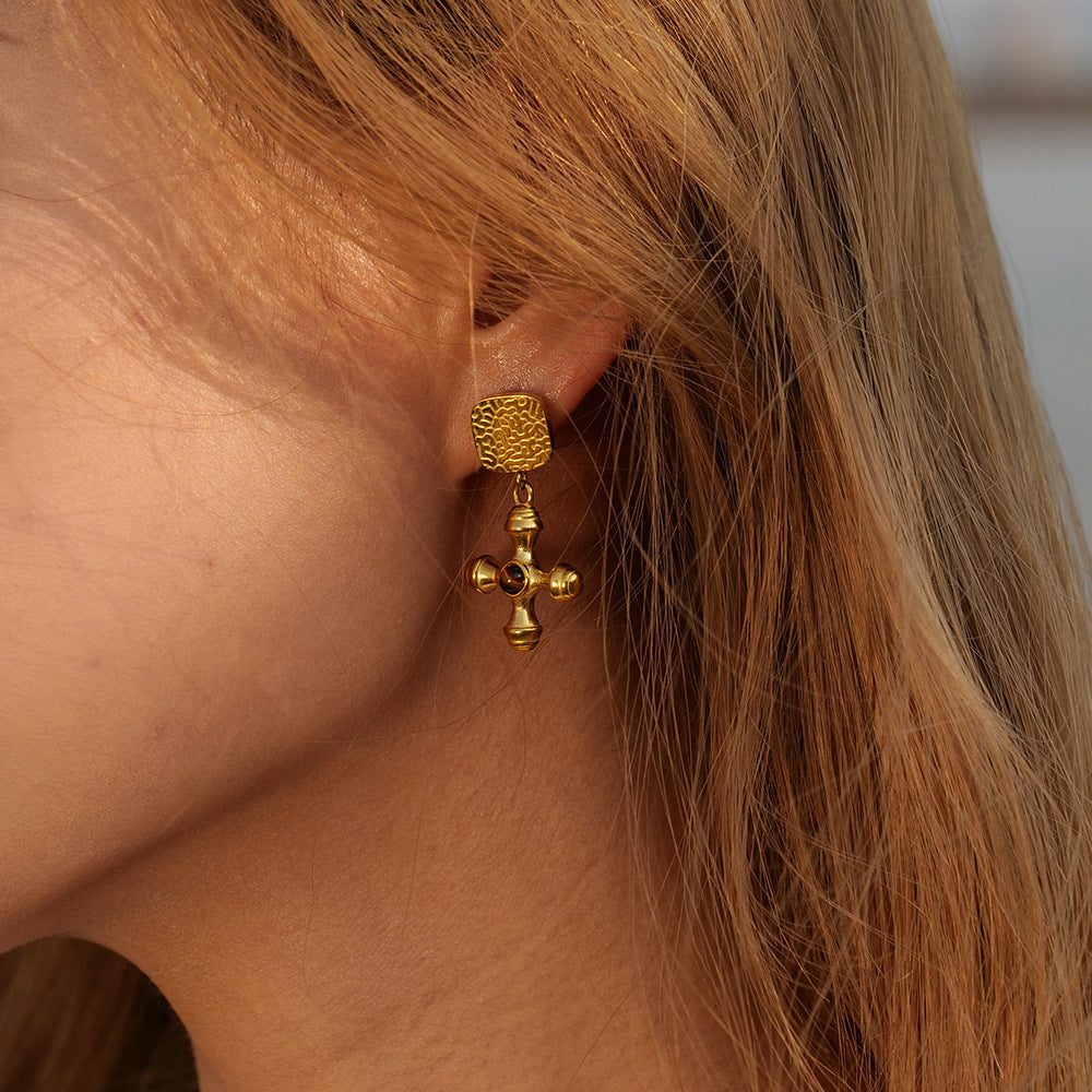 5pcs 18K Gold Stainless Steel Inlaid Tiger Eye Stone Cross Pendant Earrings Women's Fashion All-In-One Earrings