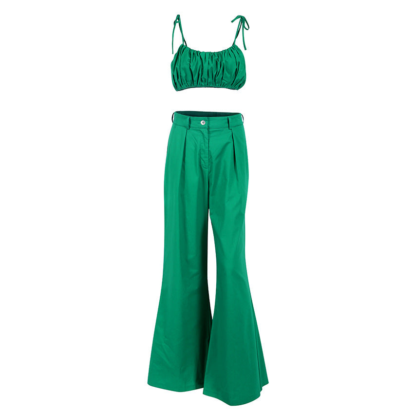 Spring And Summer New Women's Halter Vest Temperament Commuter Pants Loose Cotton Green Leisure Suit