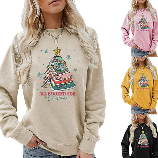 All Booked For Christmas Letters Fun Printed Casual Crew-Neck Hoodie