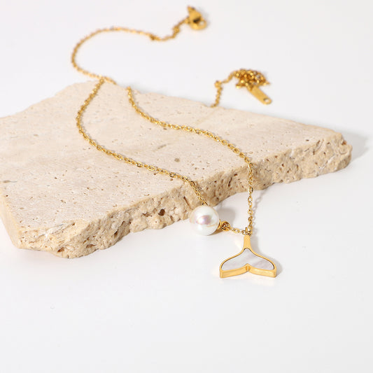 5pcs Blogger New Stainless Steel Necklace 14K Gold Shell Mermaid Pearl Pendant Necklace Women's Accessories