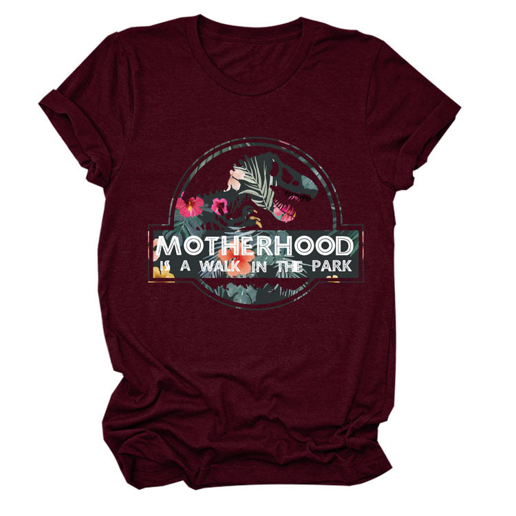 Motherhood Is A Walk In The Park. Plus-Size Round Neck Letter Short-Sleeved Shirt