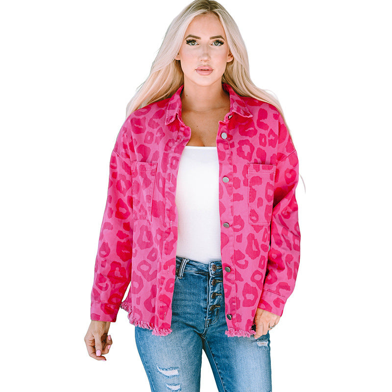 Autumn New Leopard Print Denim Jacket Women Casual Fashion Button-Sleeve Furred Long-Sleeved Coat Women