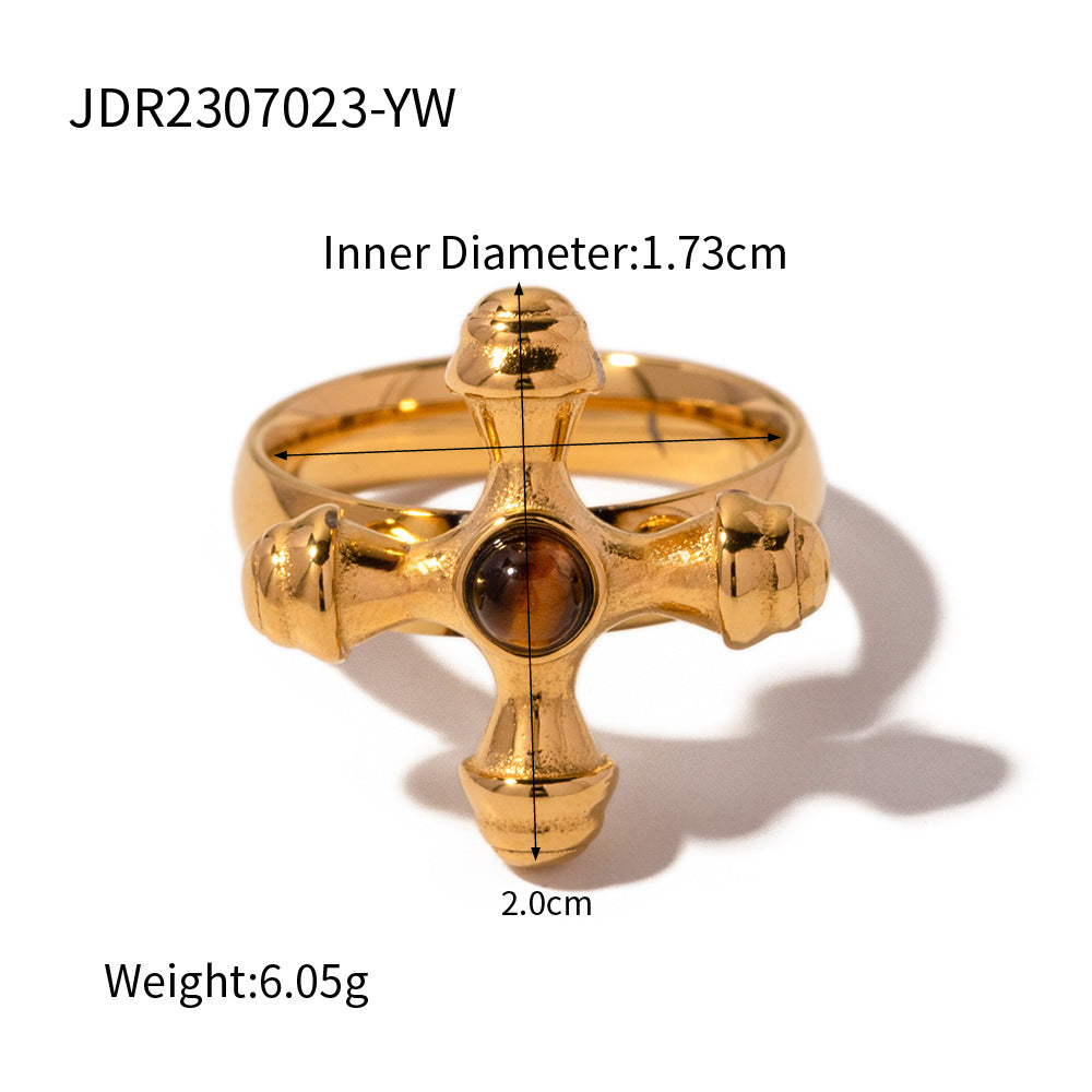 5pcs Niche Style Gold-Plated Titanium Steel Ring Female Stainless Steel Inlaid Stone Cross Fine Ring