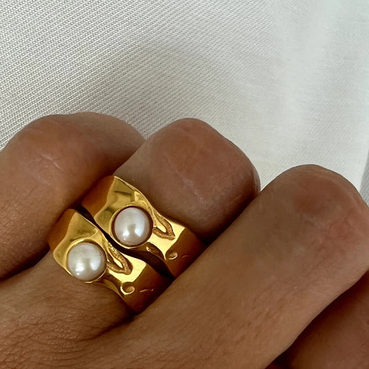 5pcs 18K Gold-Plated Stainless Steel Lava Pearl Ring Fashion Titanium Steel Ring