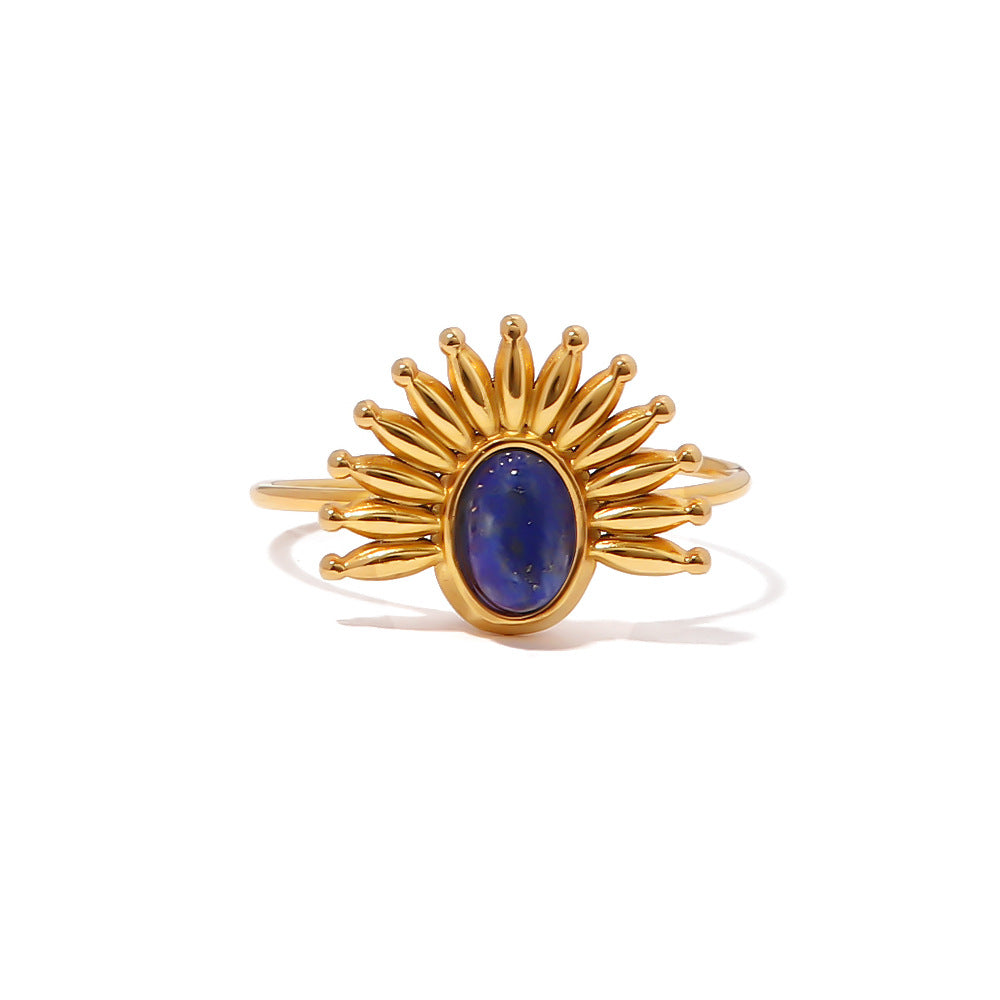5pcs Niche Style 18K Gold-Plated Stainless Steel Set Lapis Lazarus Open Ring Ladies Fashion Hand Jewelry