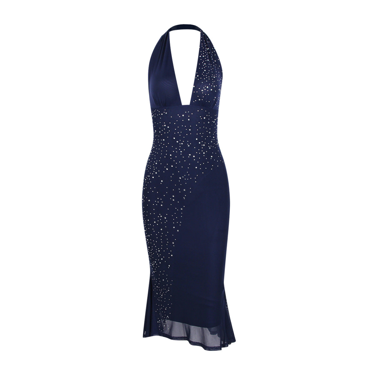 Spice Girls Women Sexy Deep V Gauze Hot Drill Hanging Neck Dress Style Backless Slim Mid-Length Skirt