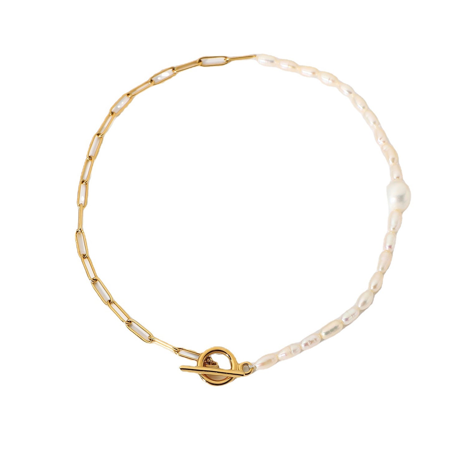 5pcs Stainless Steel Pearl Stitching Jewelry Set 18K Gold Plated Chain Ot Buckle Natural Light Pearl Necklace For Women