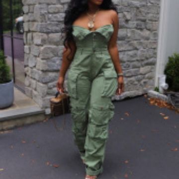 Women's New Fashion Sexy Strapless Single Breasted Multi-Pocket Cargo Jumpsuit