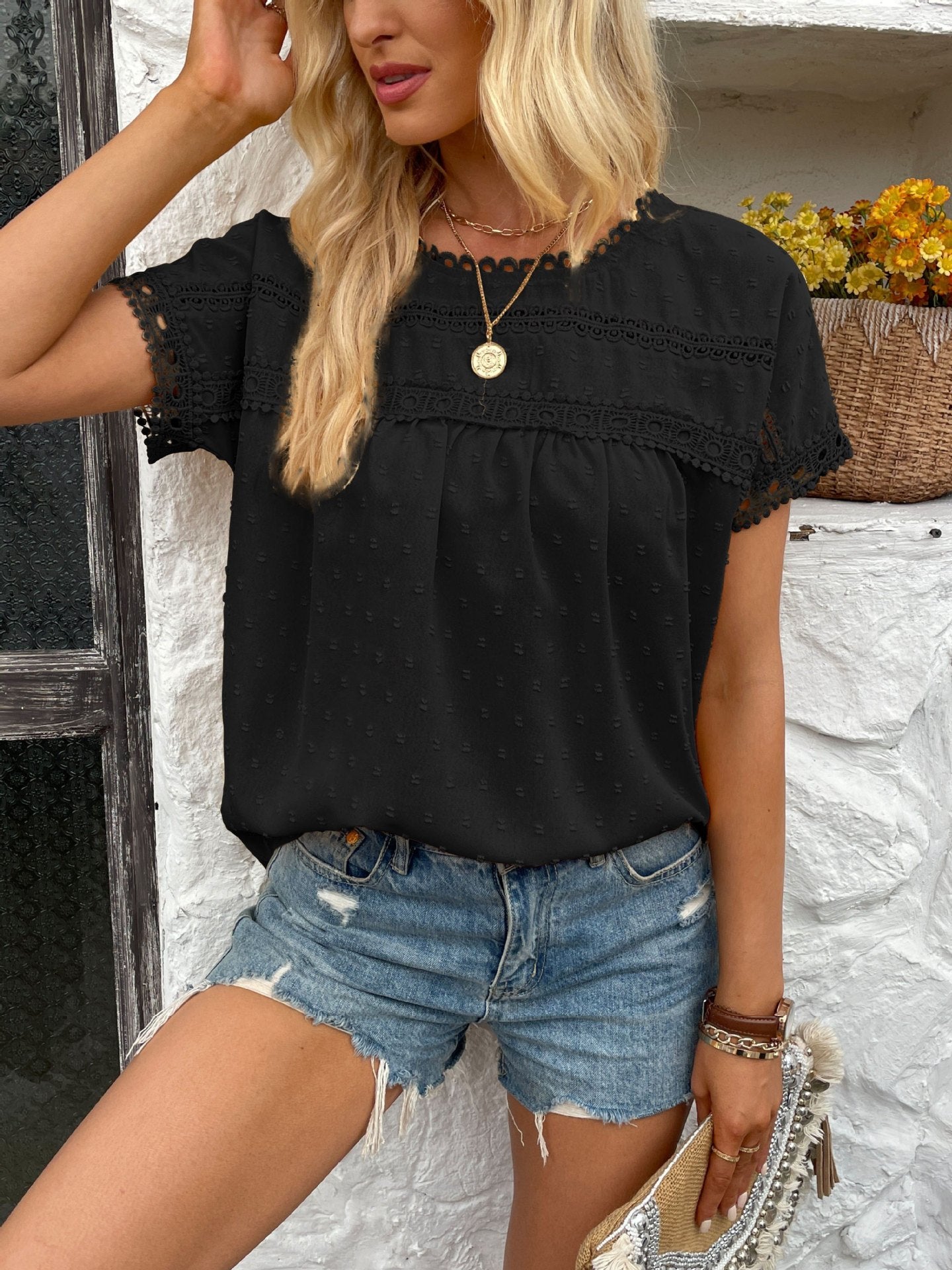 New Summer Lace Top Women's Solid Color Round Neck Short Sleeve Lace Pullover