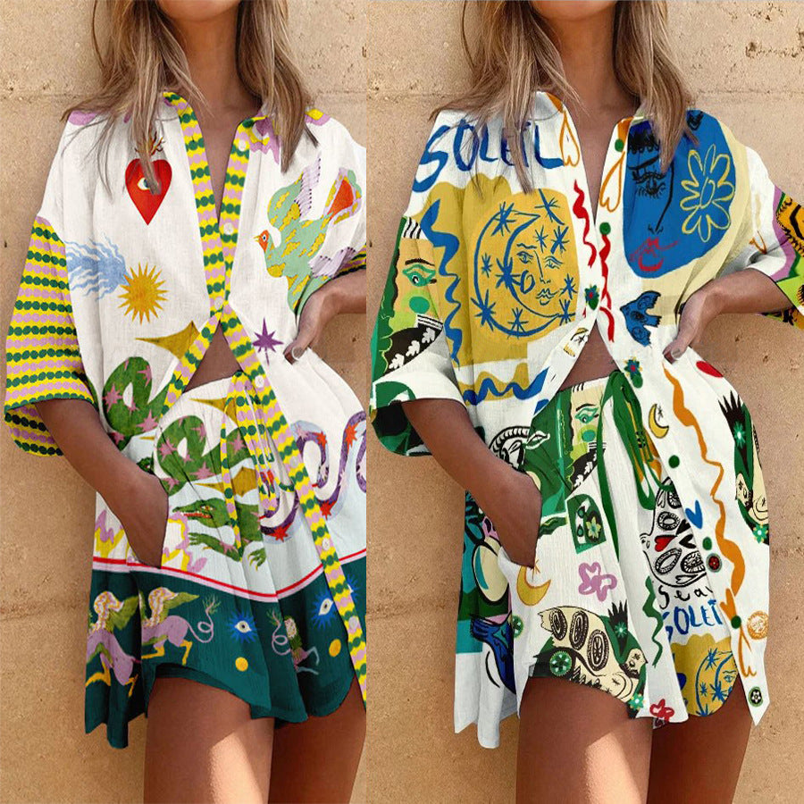 Spring And Summer New Short-Sleeved Shirt Casual Set Loose Vacation Pocket Two-Piece Set For Women